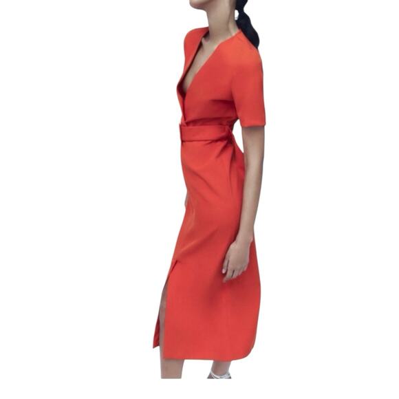 ZARA Midi Dress Belted Orange Sheath Large - Picture 11 of 12